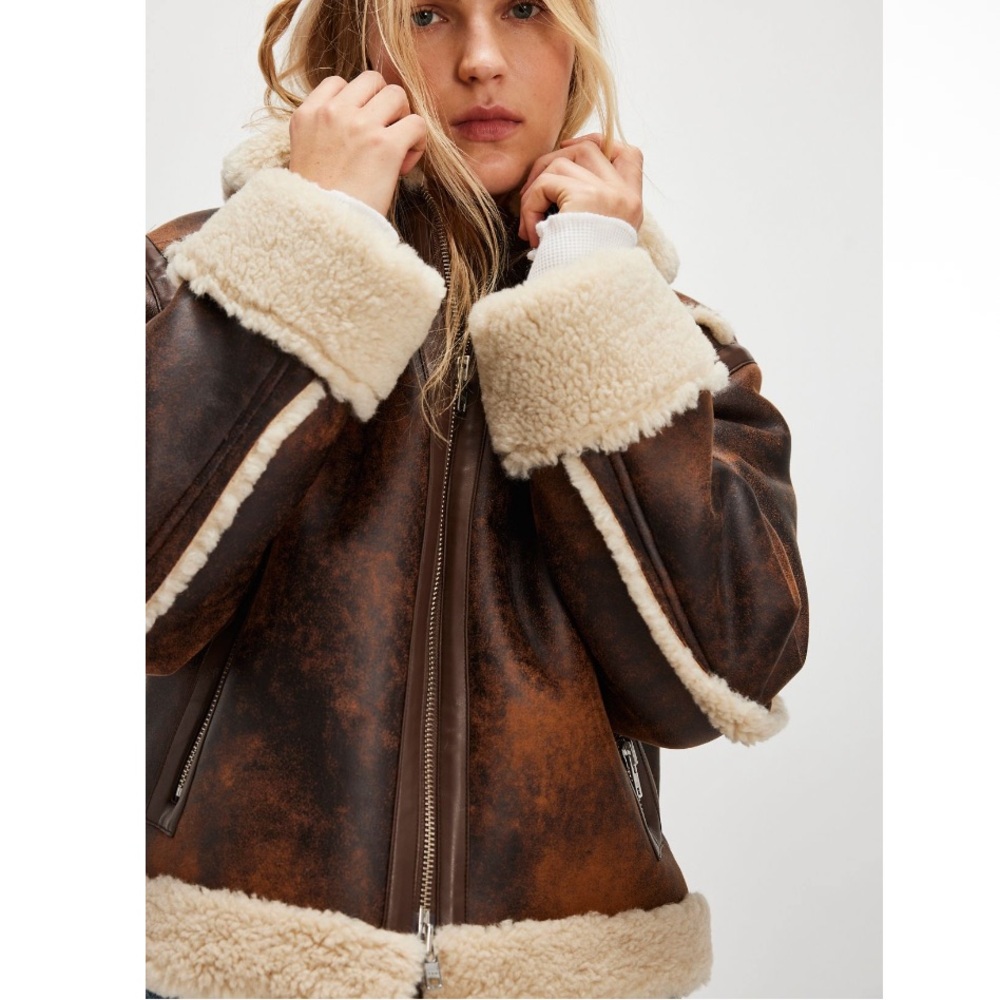 Stand Studio Lessie Faux Leather & Shearling Brown Cream Jacket size 36/US 4 NEW